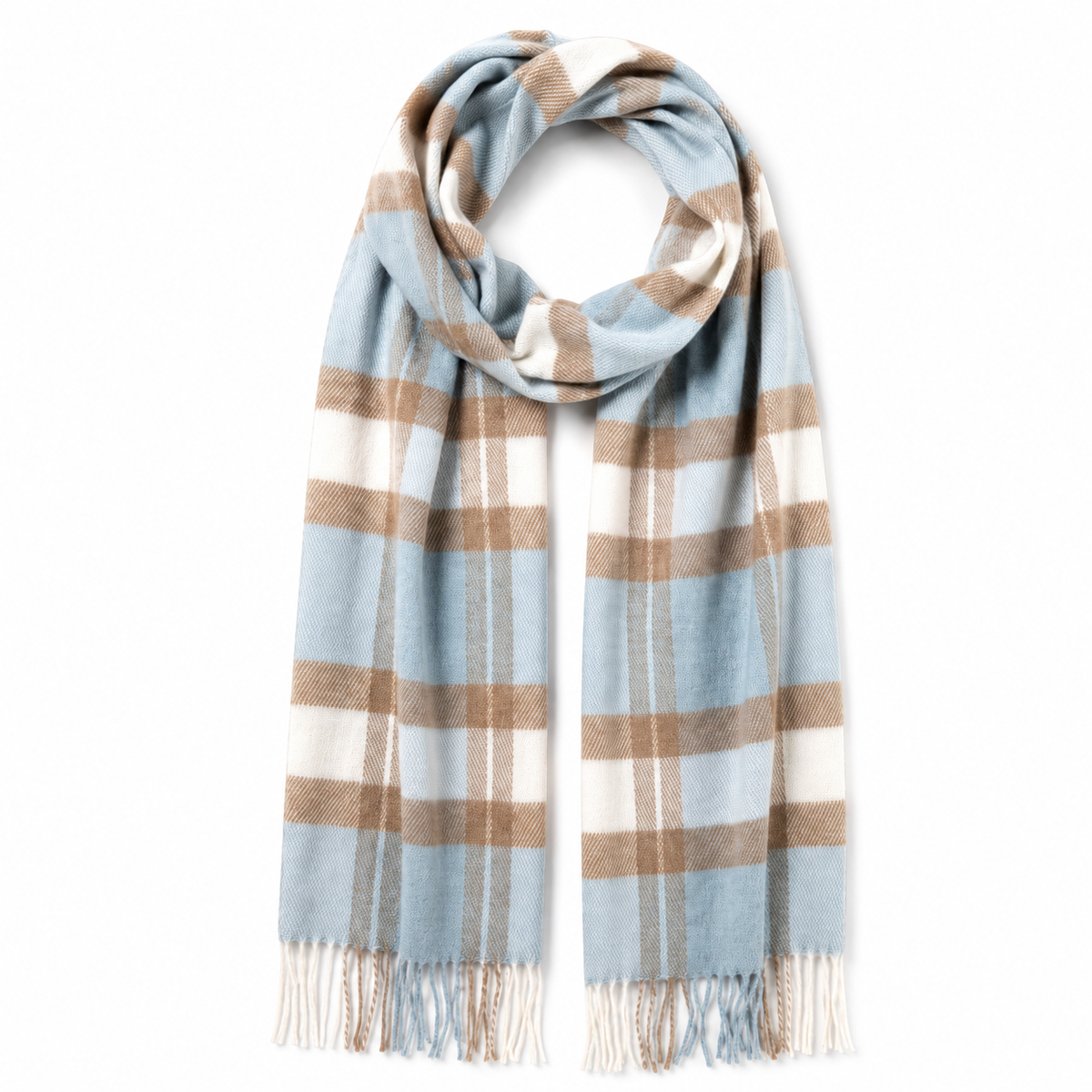 Detail of the blue and white check pattern on a cashmere scarf