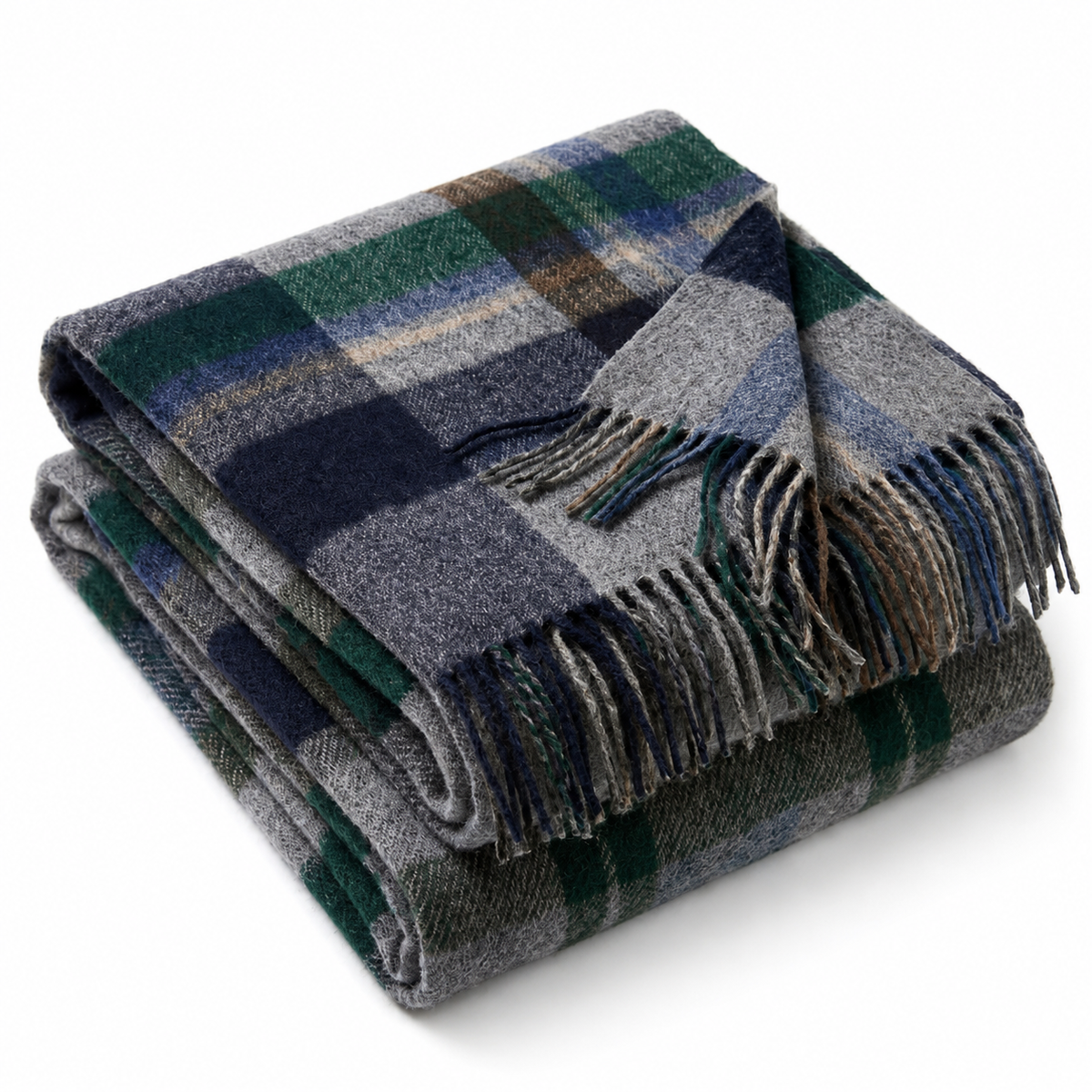 Detail of the green and grey check on a cashmere blanket scarf
