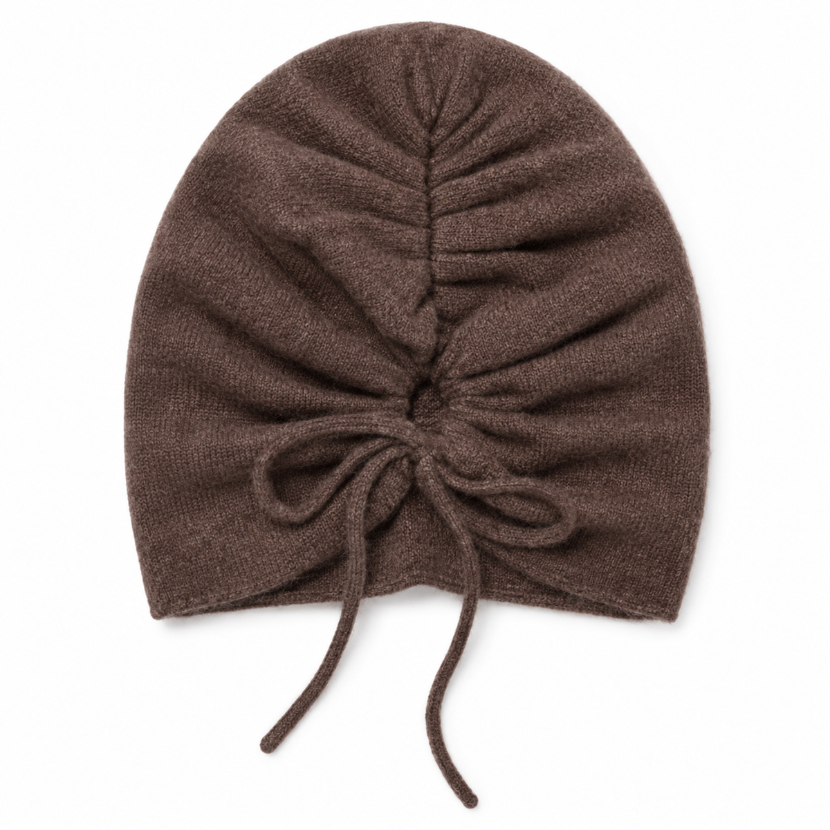 Brown cashmere turban beanie with a gathered ruched top and drawstring bow