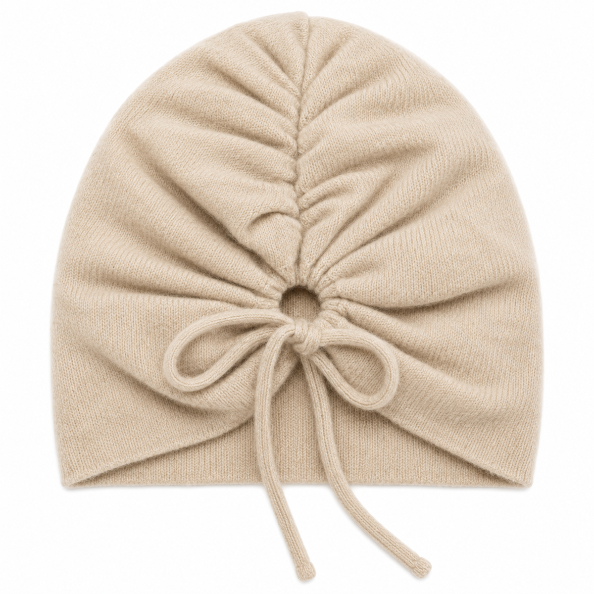 Beige cashmere ruched turban beanie with a gathered drawstring top