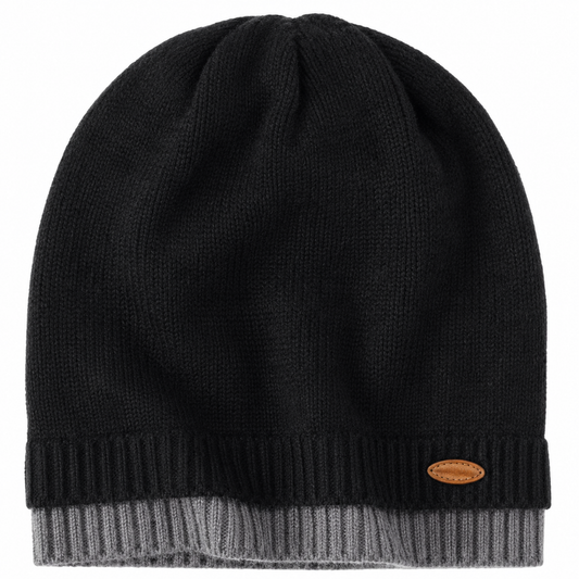 Black ribbed cashmere beanie hat with a folded brim