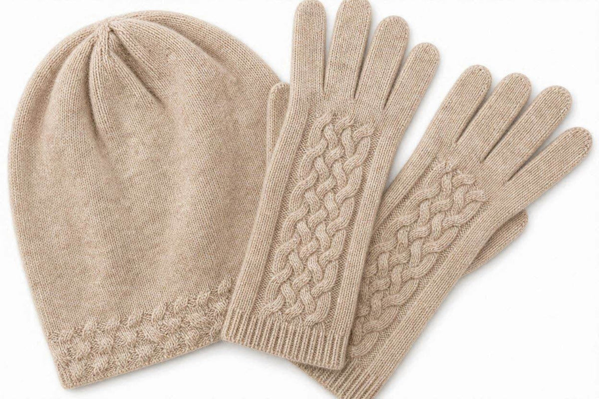 Beige cashmere beanie with matching textured-knit cashmere gloves, gift set