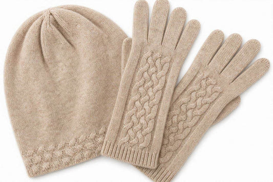 Beige cashmere beanie with matching textured-knit cashmere gloves, gift set