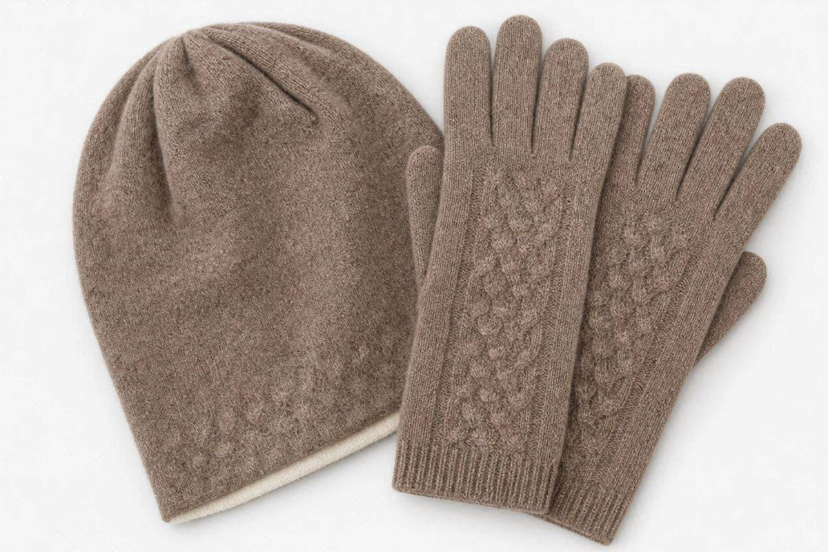Brown cashmere beanie with matching textured-knit cashmere gloves, gift set
