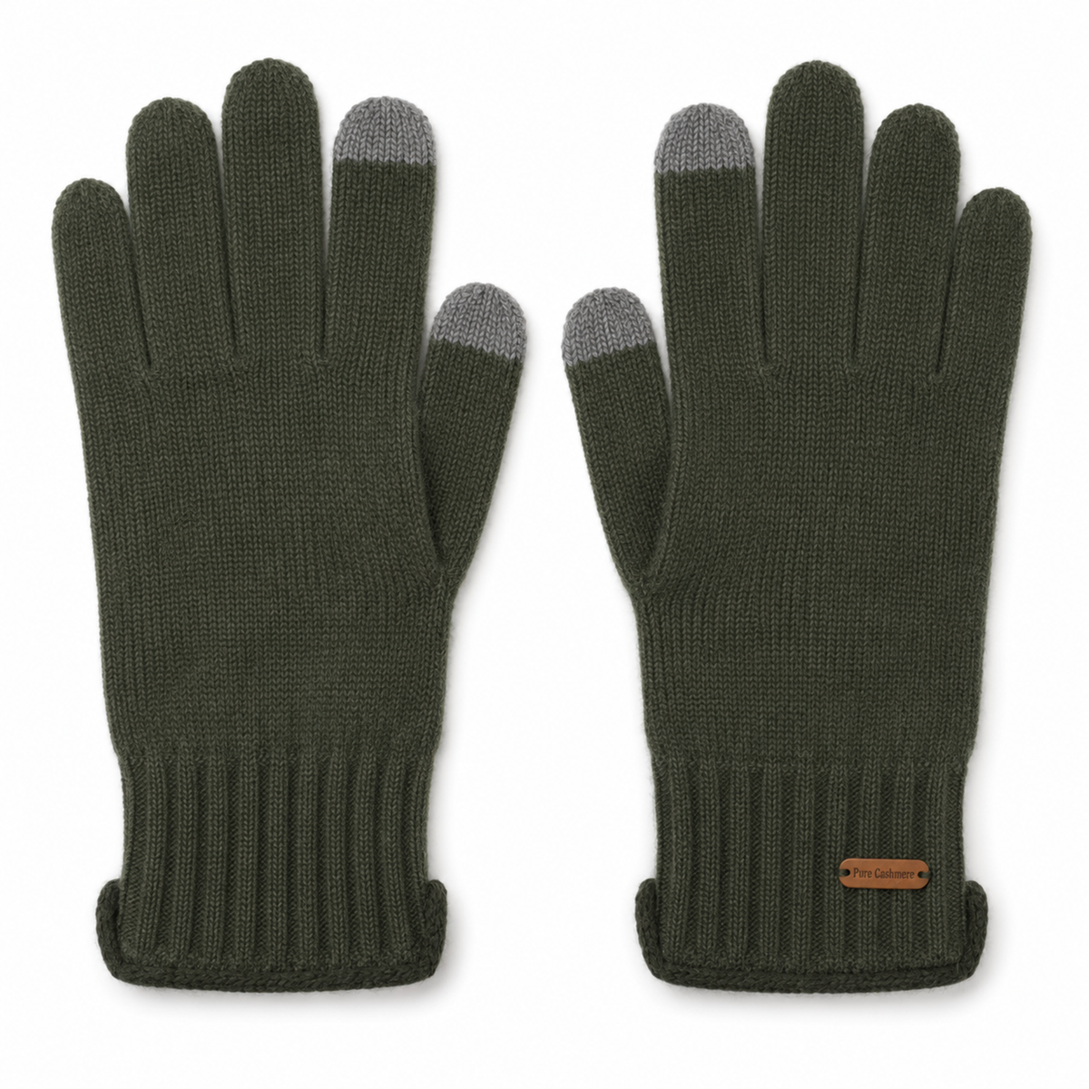 Dark olive textured-knit cashmere gloves with touchscreen-compatible fingertips