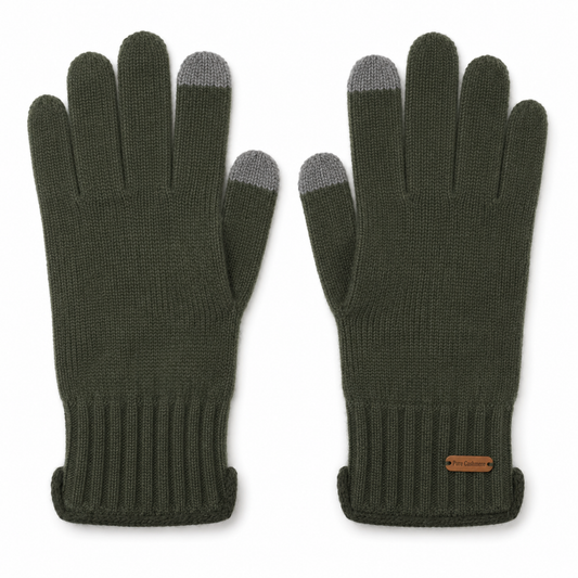 Dark olive textured-knit cashmere gloves with touchscreen-compatible fingertips