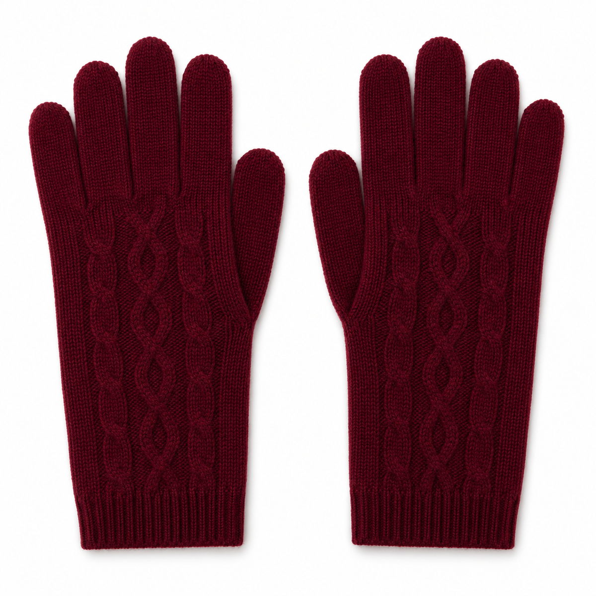 Deep red burgundy cable-knit cashmere long gloves covering the wrist