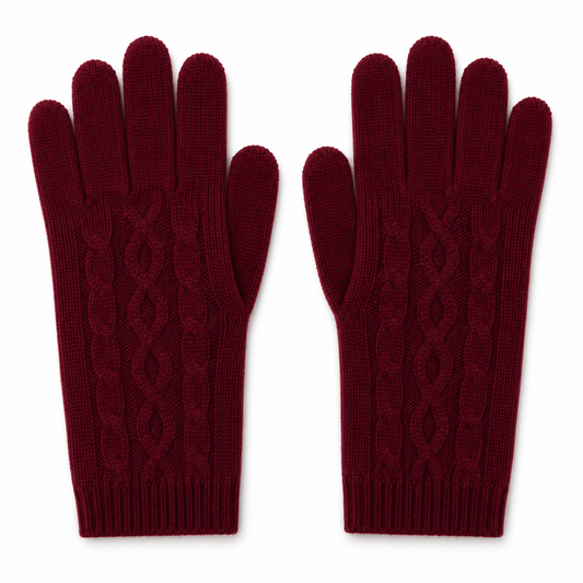 Deep red burgundy cable-knit cashmere long gloves covering the wrist