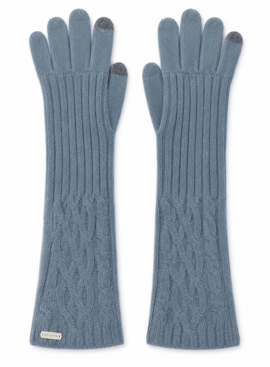 Powder blue cable-knit cashmere long gloves with ribbed cuffs