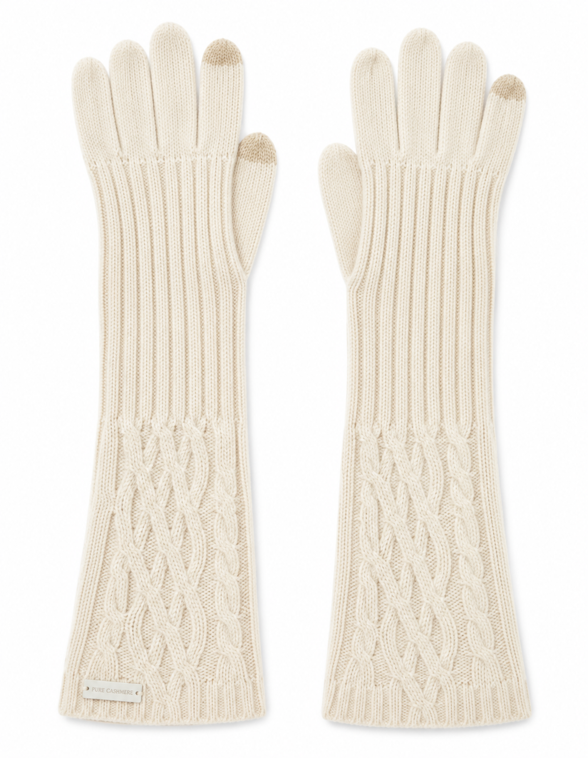 Cream cable-knit cashmere long gloves with ribbed extended cuffs