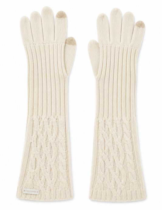 Cream cable-knit cashmere long gloves with ribbed extended cuffs