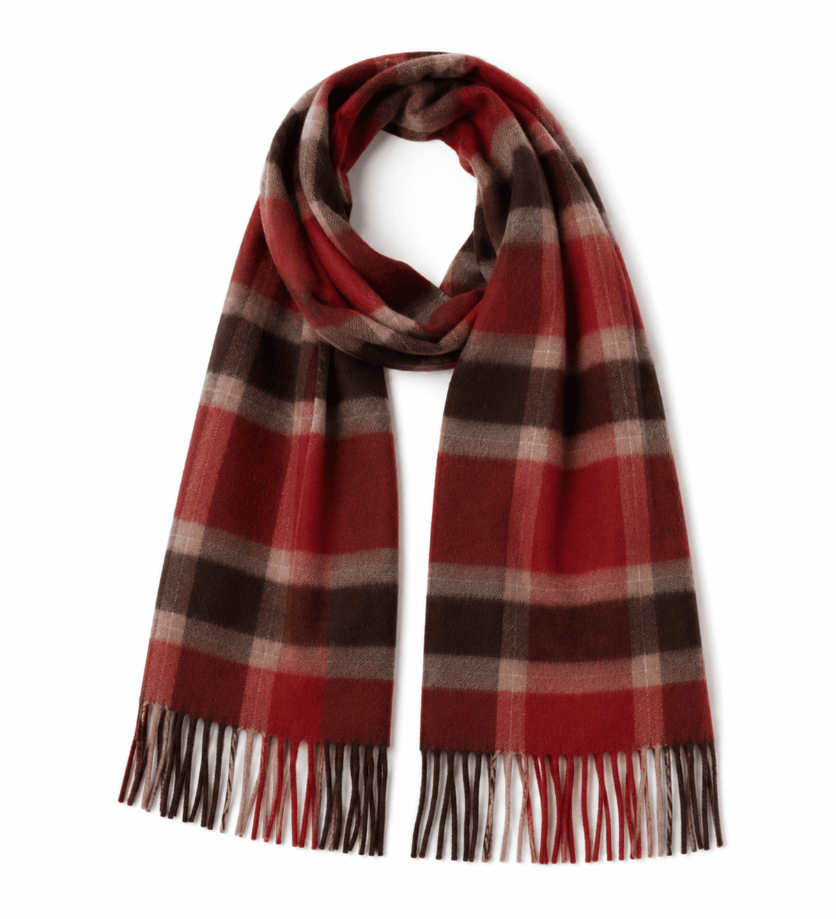 Charcoal and red tartan cashmere scarf draped over the shoulders