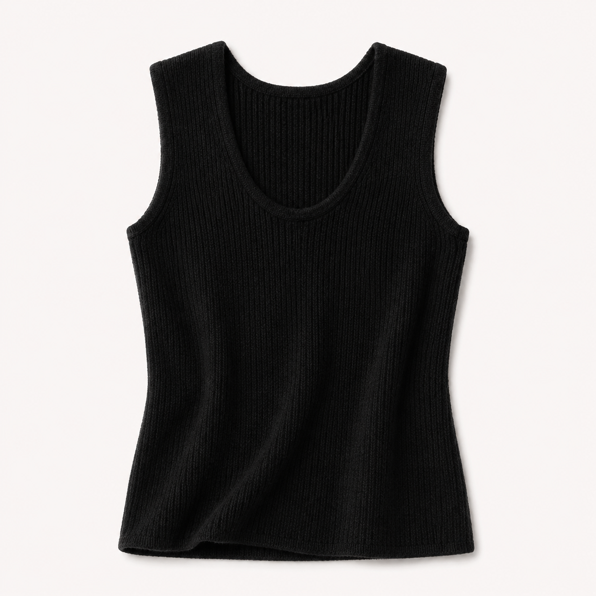 Close-up of the ribbed knit and shoulder seam on a grey cashmere vest