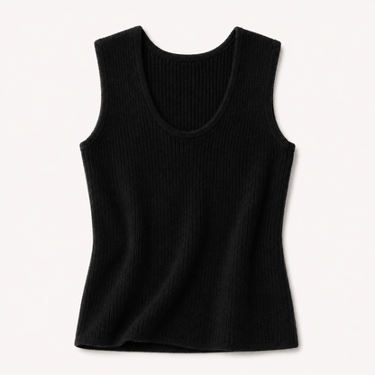 Close-up of the ribbed knit and shoulder seam on a grey cashmere vest