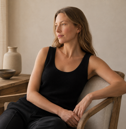 Woman wearing a grey sleeveless ribbed cashmere vest as a layering top