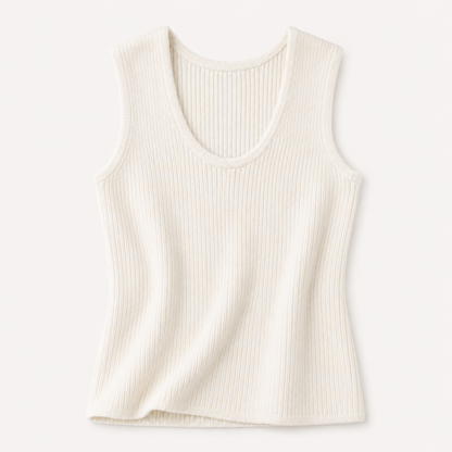 Back view of a grey ribbed cashmere sleeveless vest