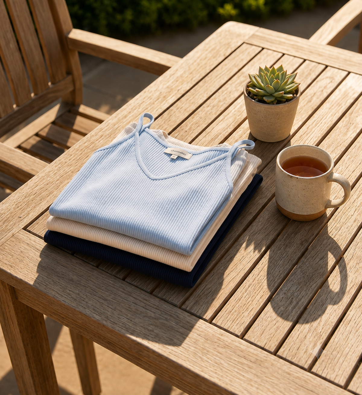 Close-up of the rib texture on a light blue cashmere camisole