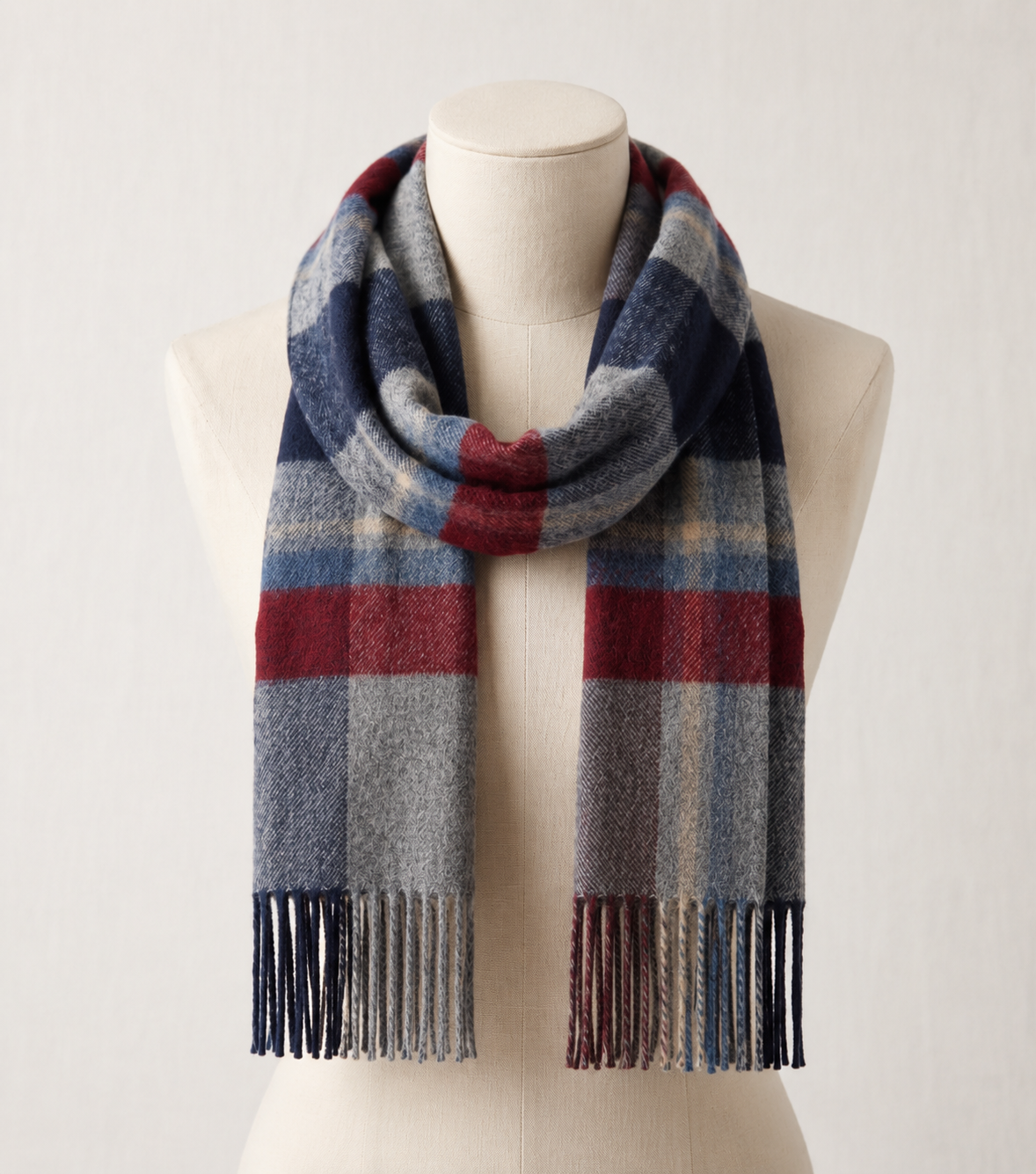 Grey and blue tartan cashmere blanket scarf with fringed edges