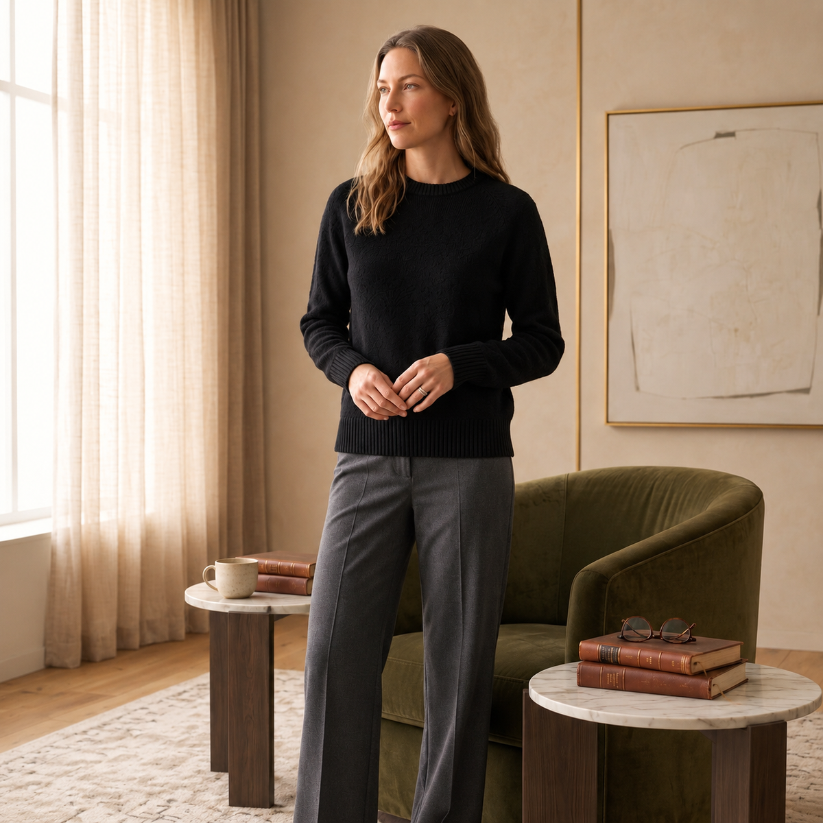 Black cashmere crew neck jumper for women, long sleeve, shown on model