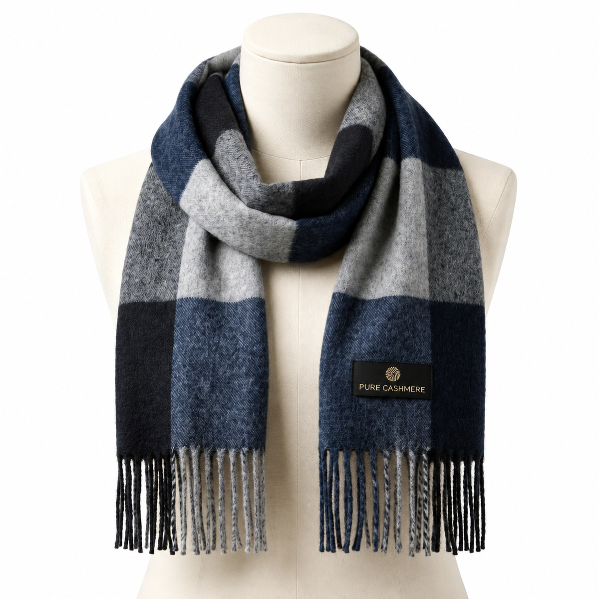 Navy and grey tartan cashmere blanket scarf, oversized with fringed edges
