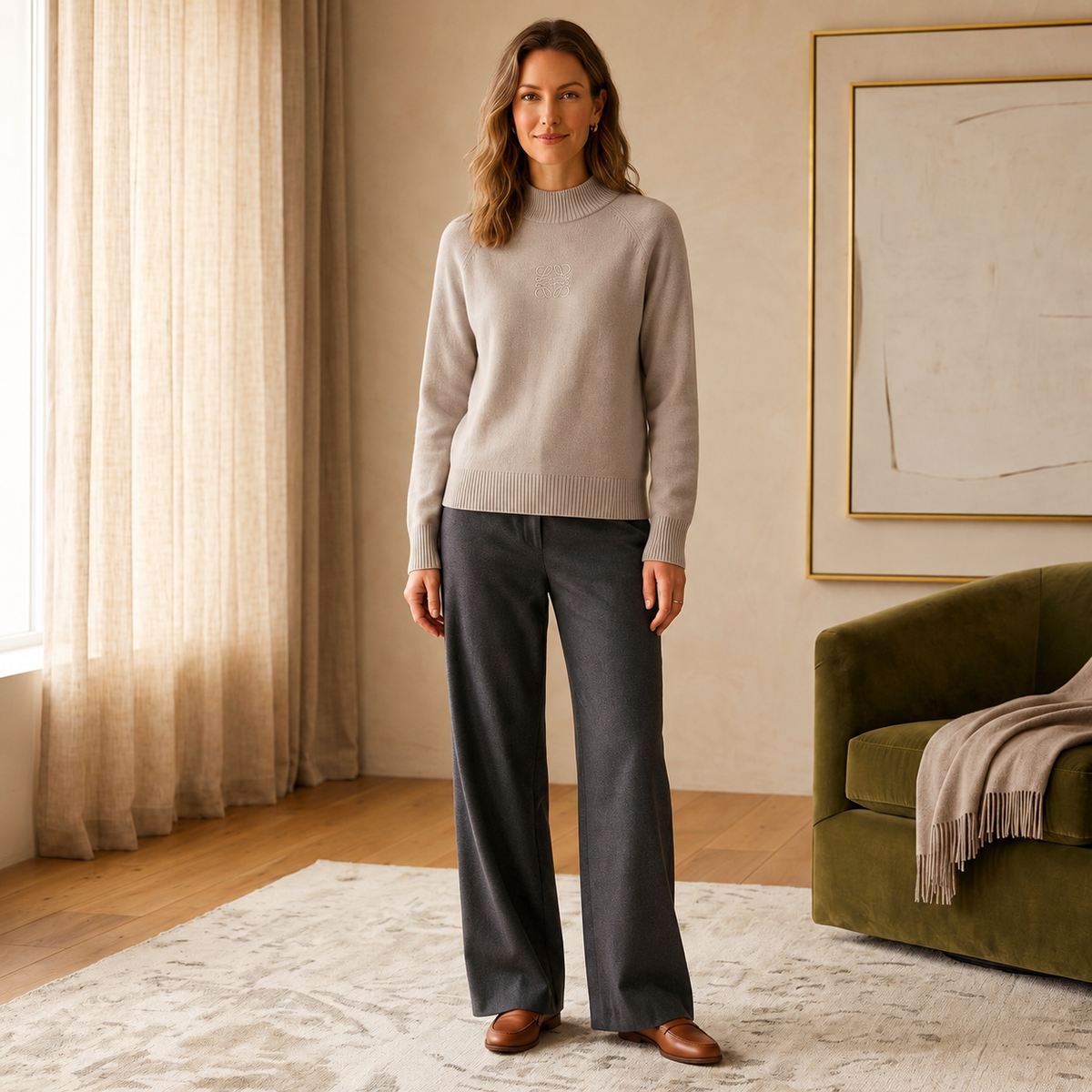 Grey cashmere half turtleneck jumper with a brooch at the neckline
