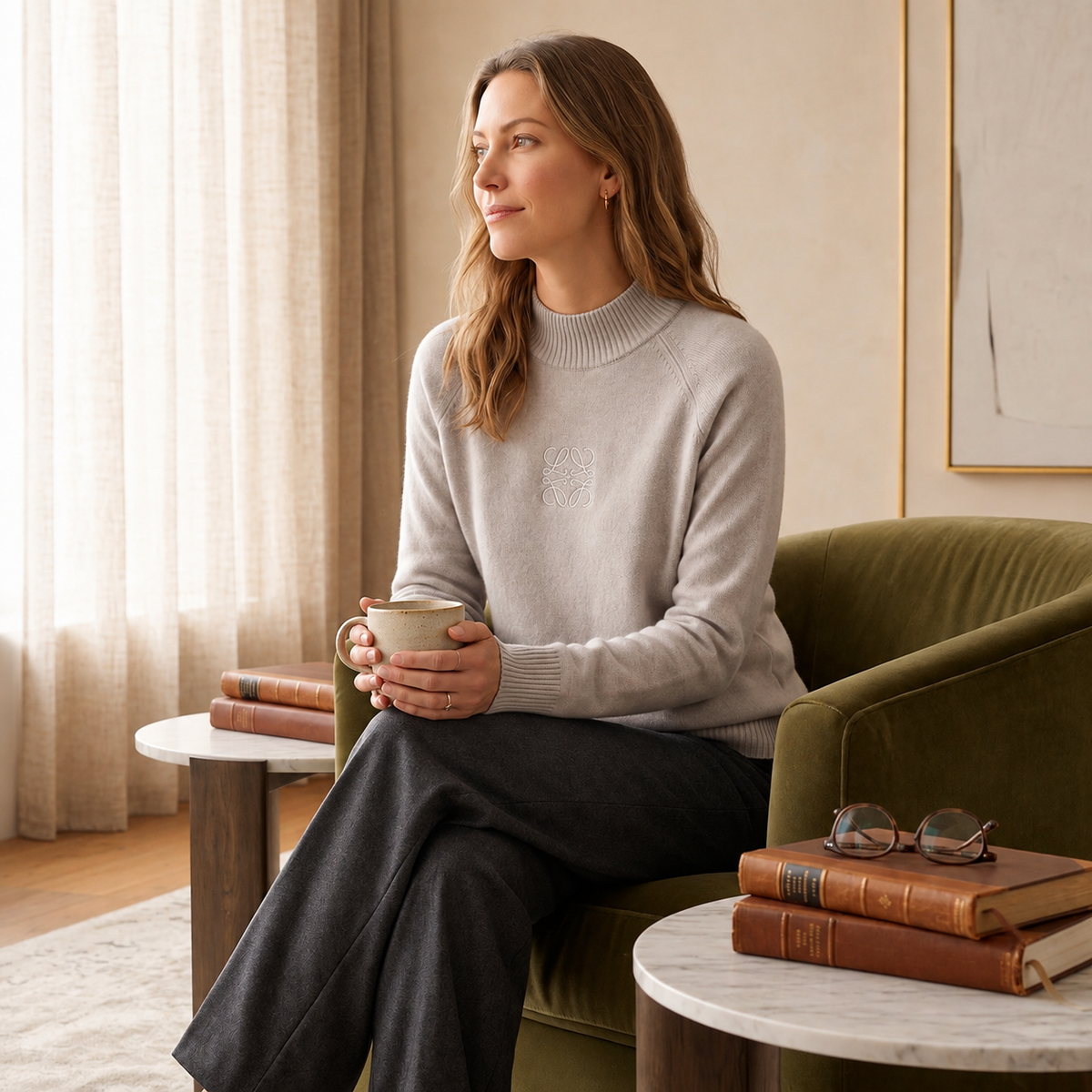 White cashmere half turtleneck jumper for women, shown on model