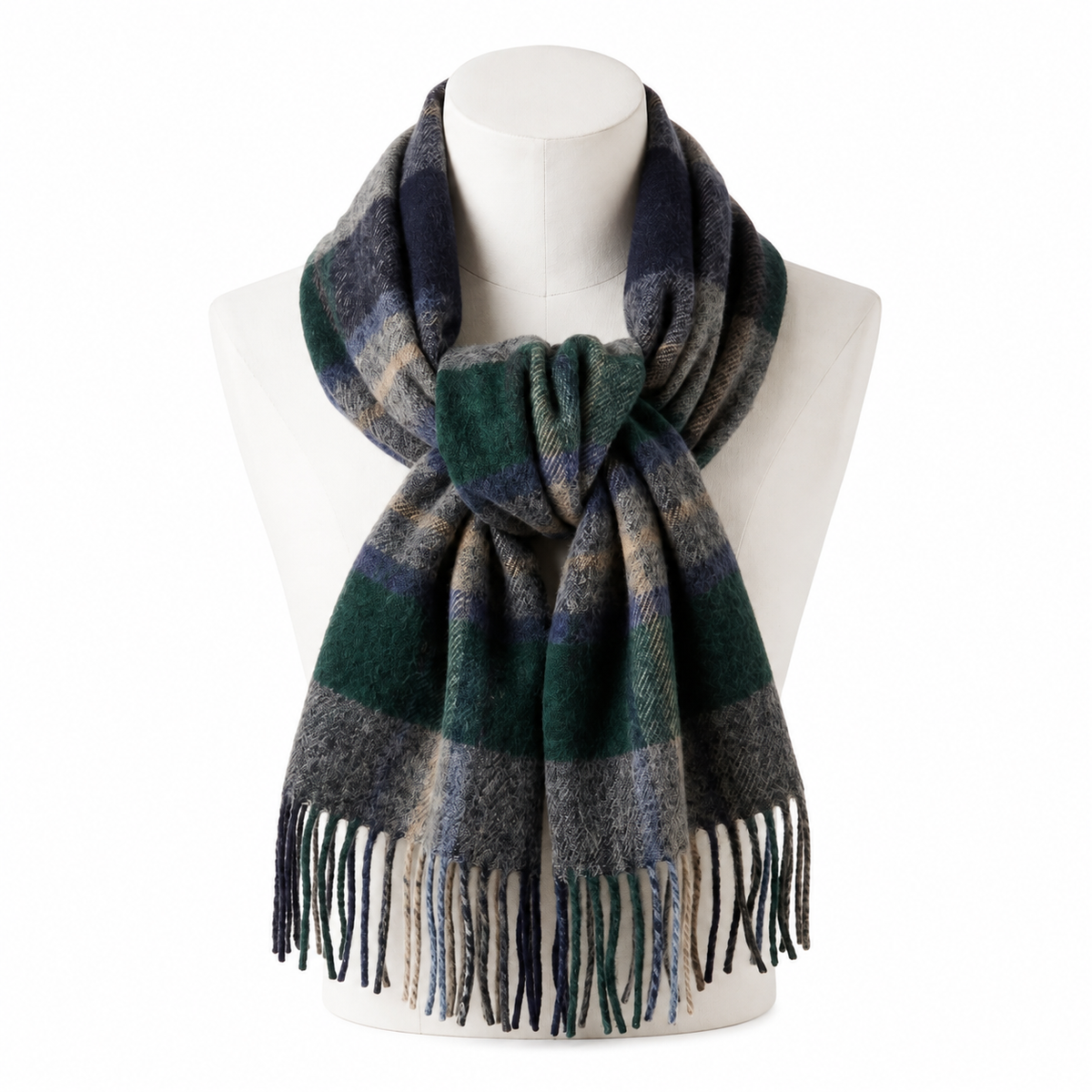 Dark green and grey tartan cashmere blanket scarf with fringed edges