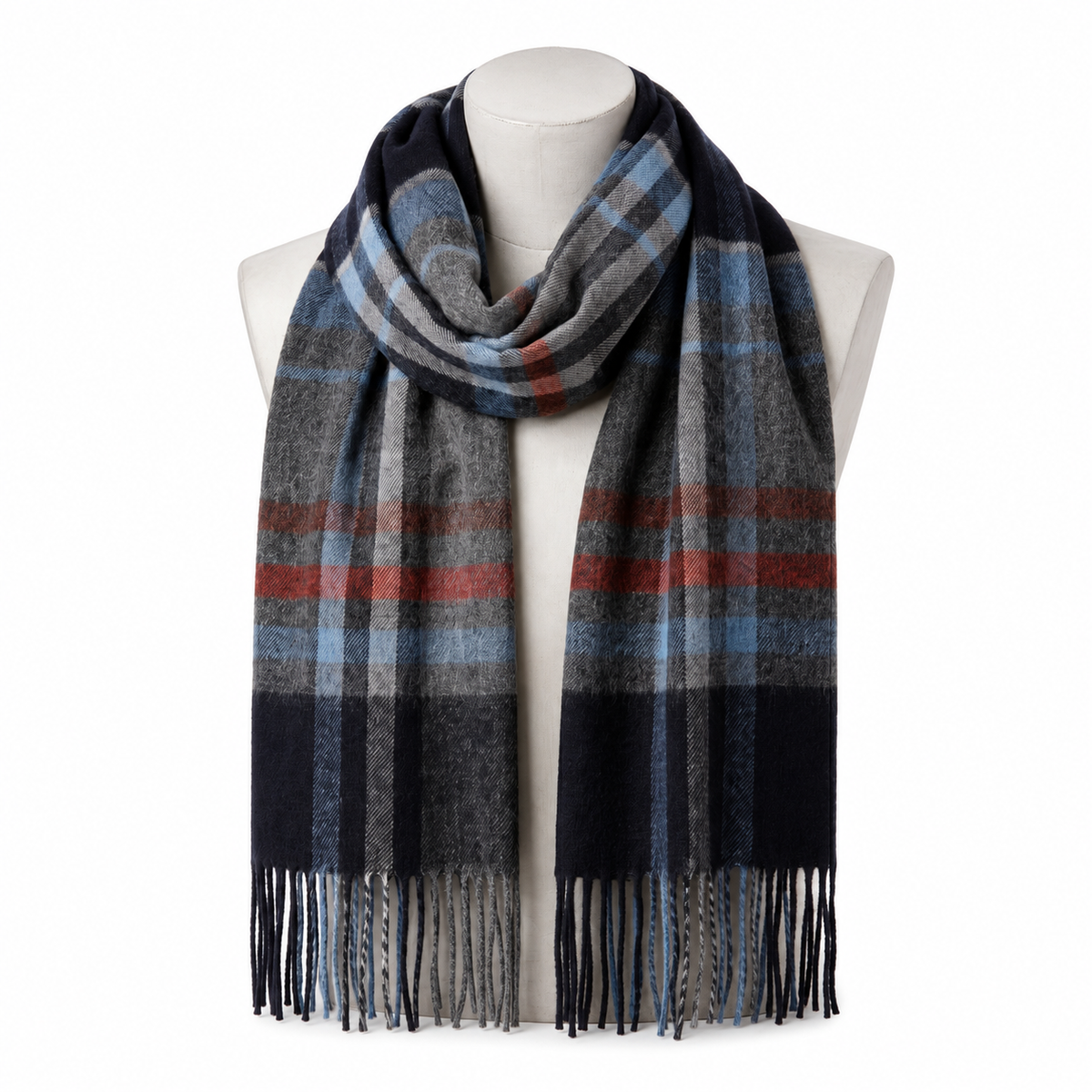Black multi-tone tartan cashmere blanket scarf with fringed edges