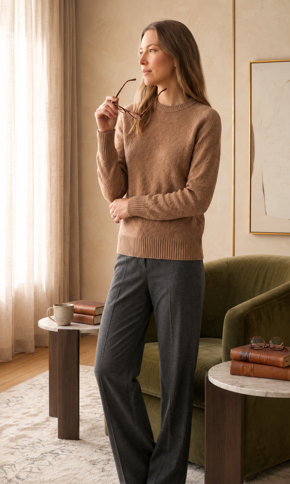 Close-up of the ribbed neckline on a brown cashmere jumper