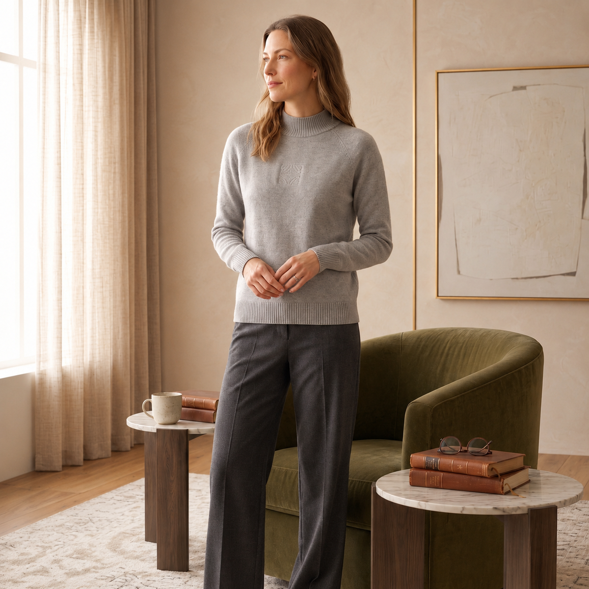 Grey cashmere half turtleneck jumper for women, shown on model