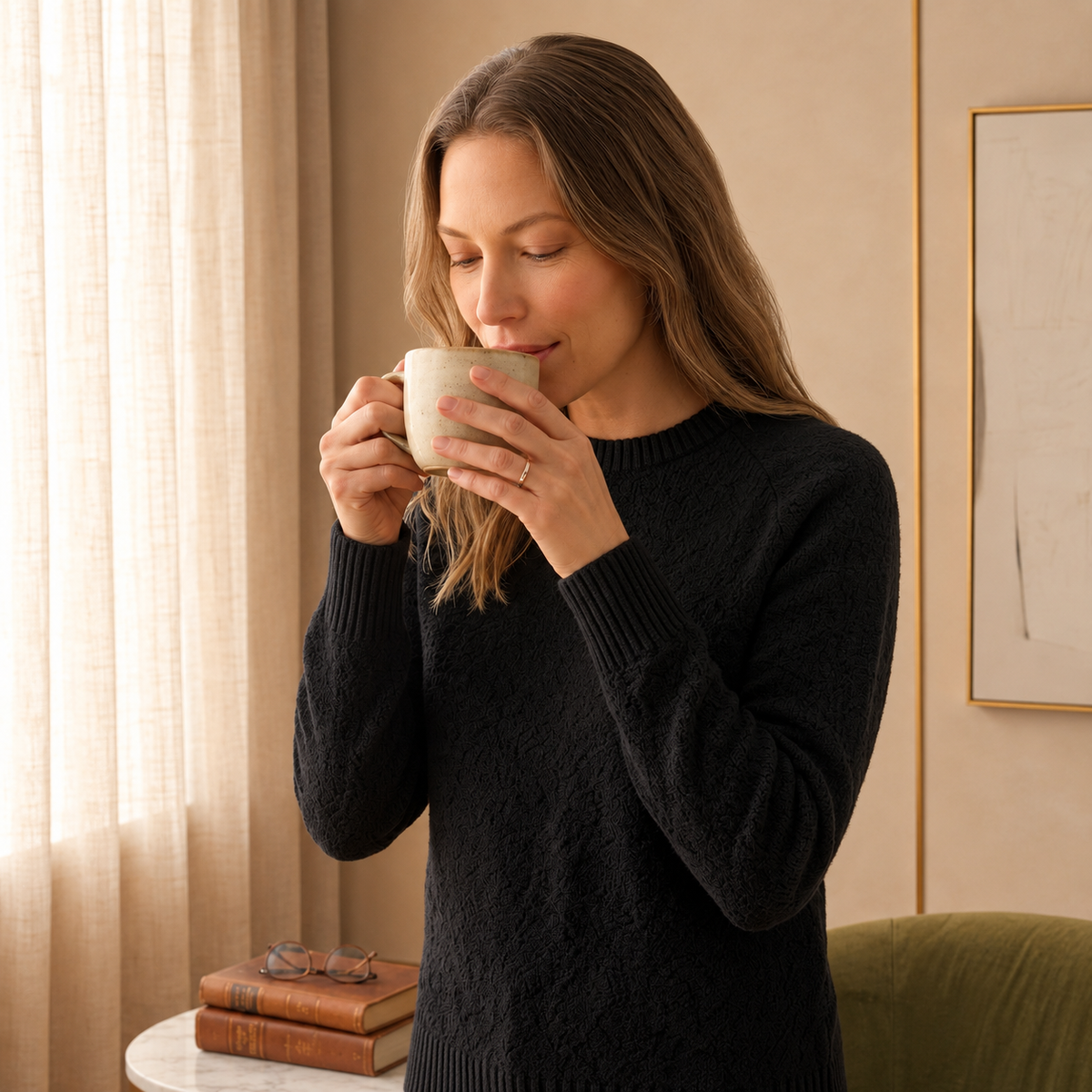 Detail of the cuff and knit grain on a light brown cashmere jumper