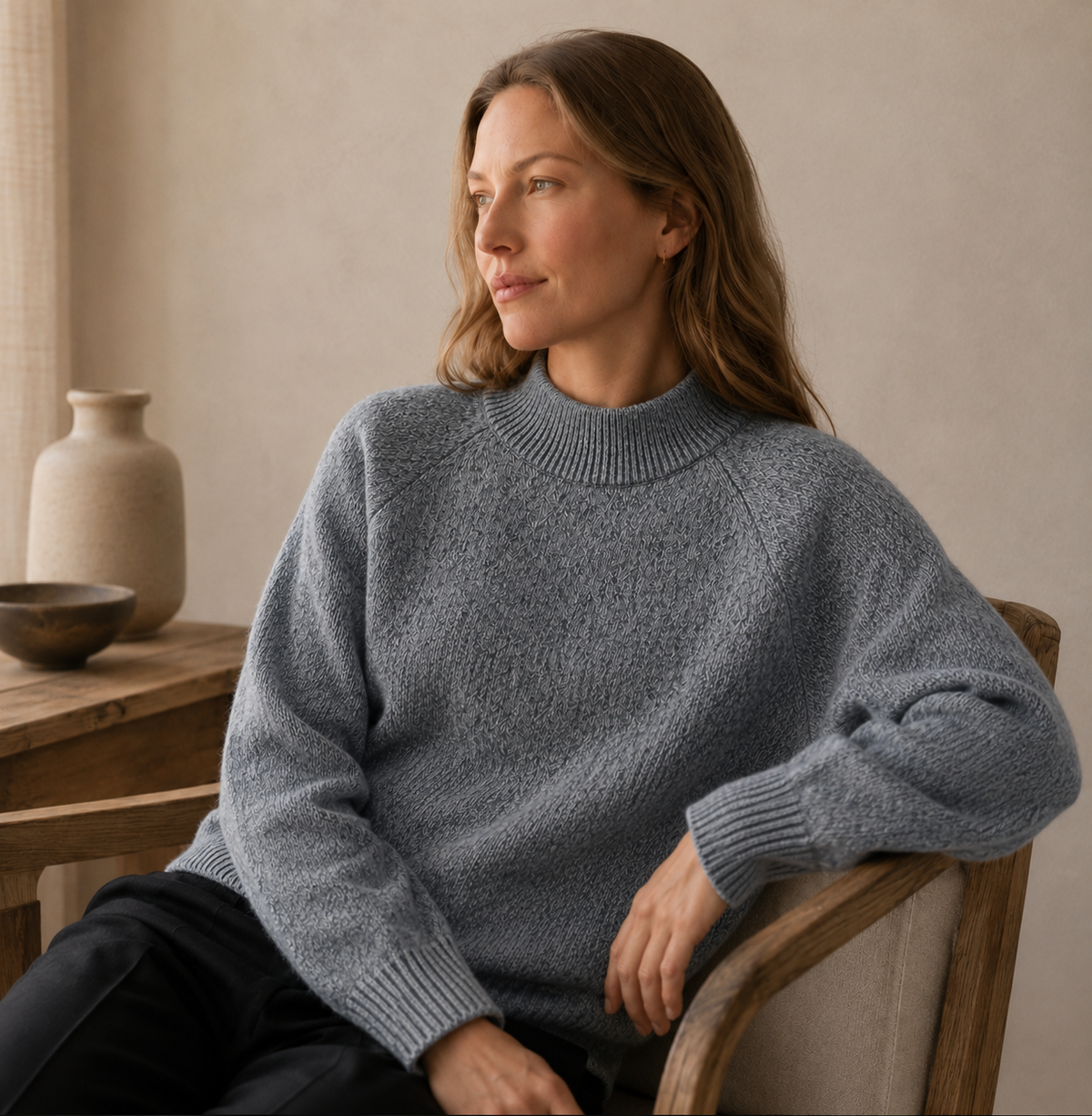 Close-up of the ribbed neckline on a red and white cashmere jumper