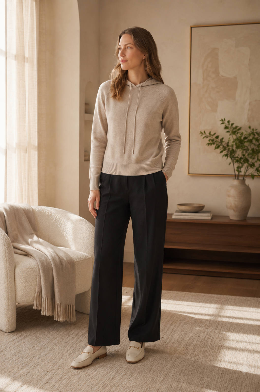 Grey cashmere zip-through hoodie for women with front pockets