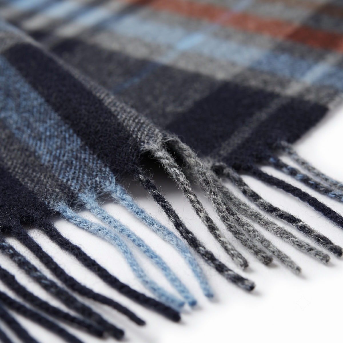 Black tartan cashmere blanket scarf worn loosely around the neck