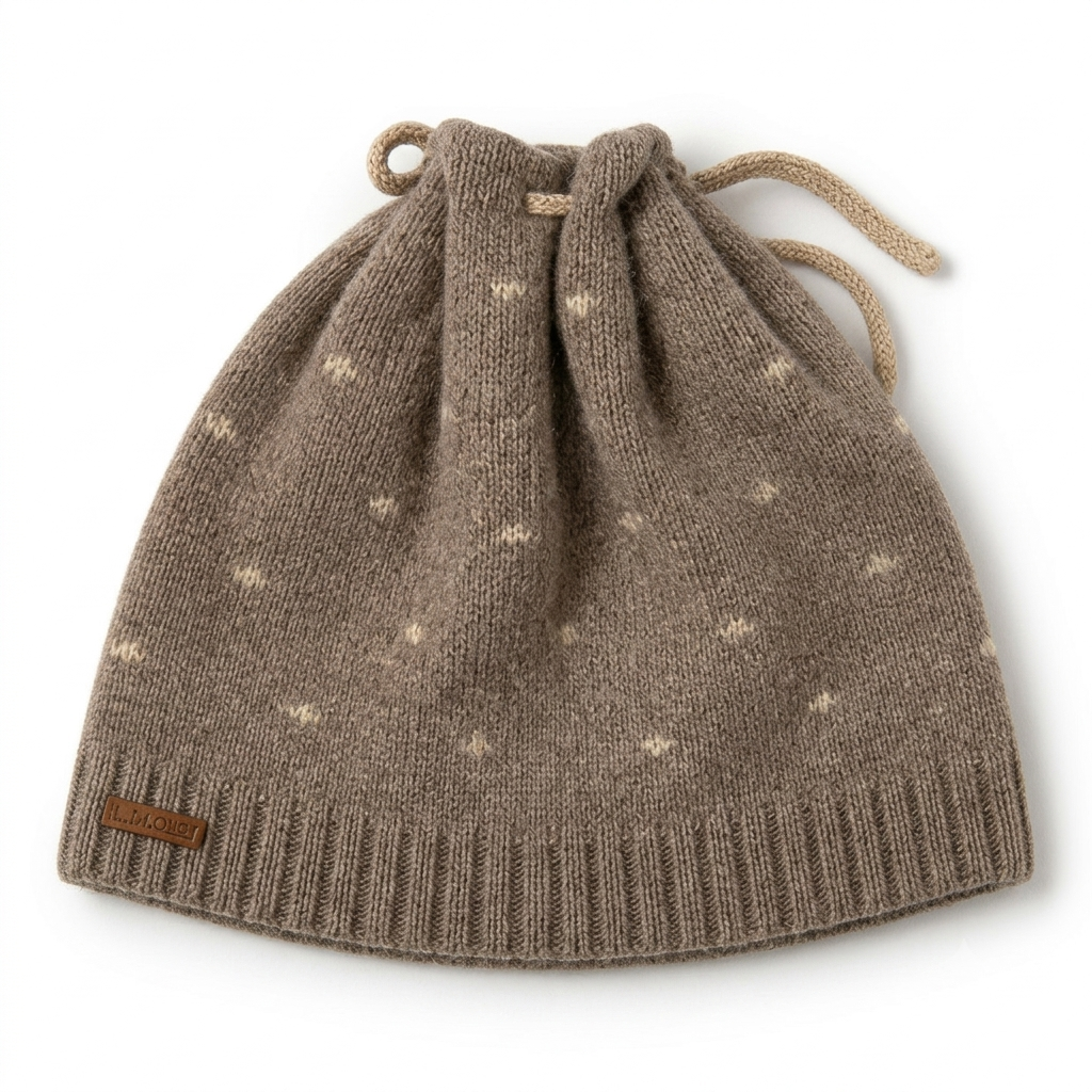 Taupe and brown knitted cashmere monkey cap with a polka dot texture