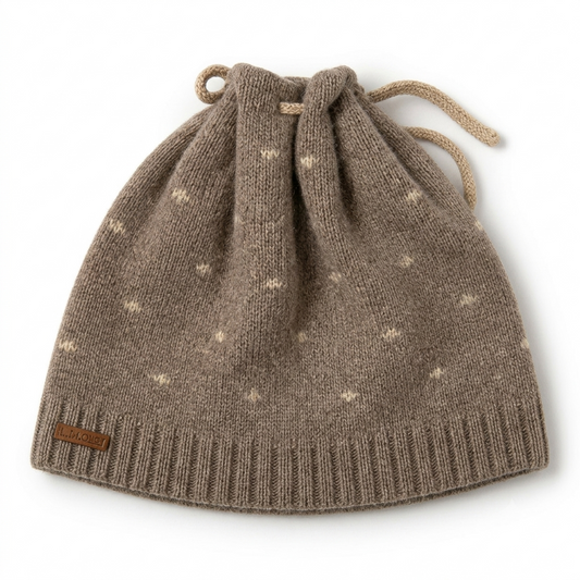 Taupe and brown knitted cashmere monkey cap with a polka dot texture