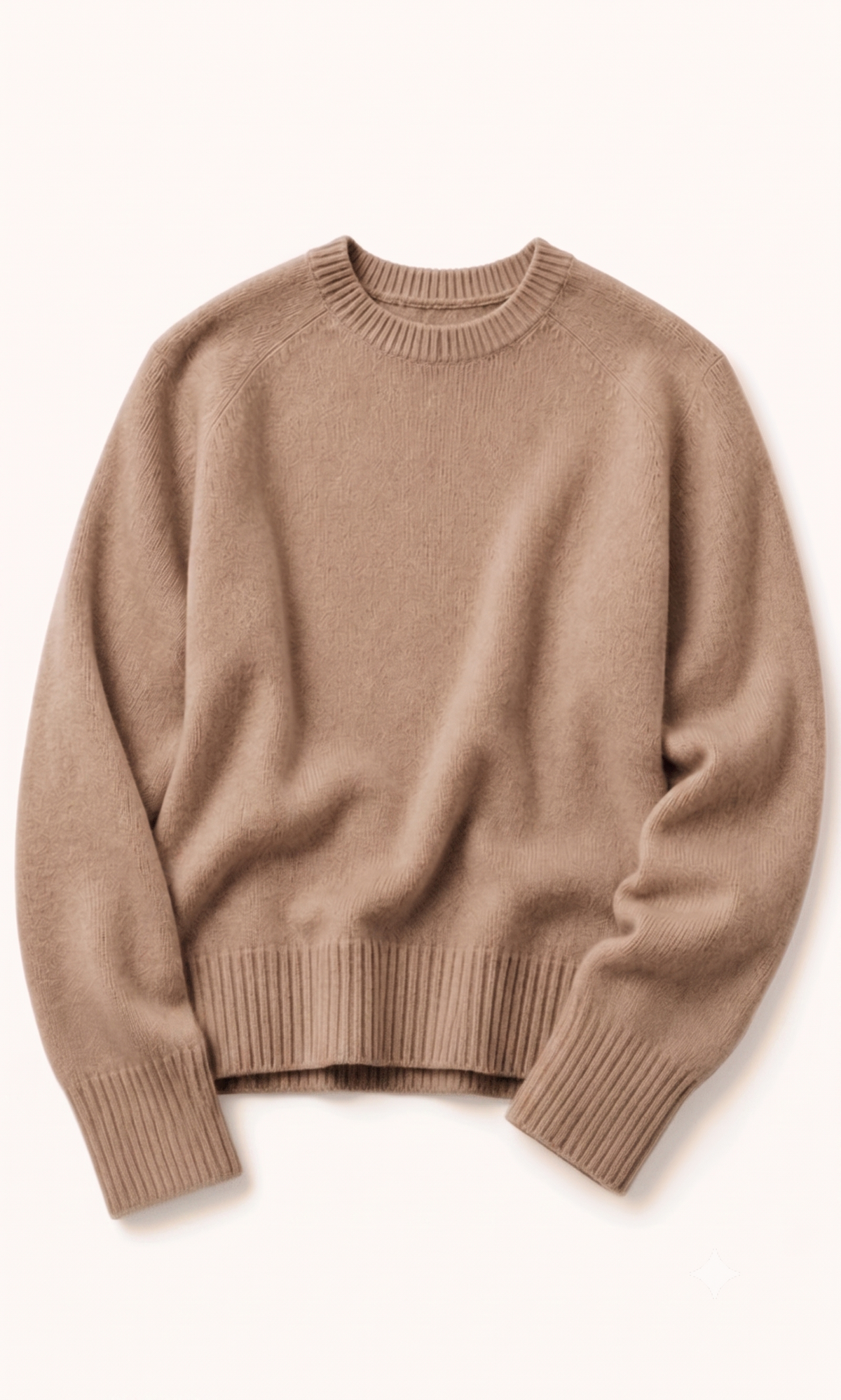 Light brown cashmere crew neck jumper for women, shown on model