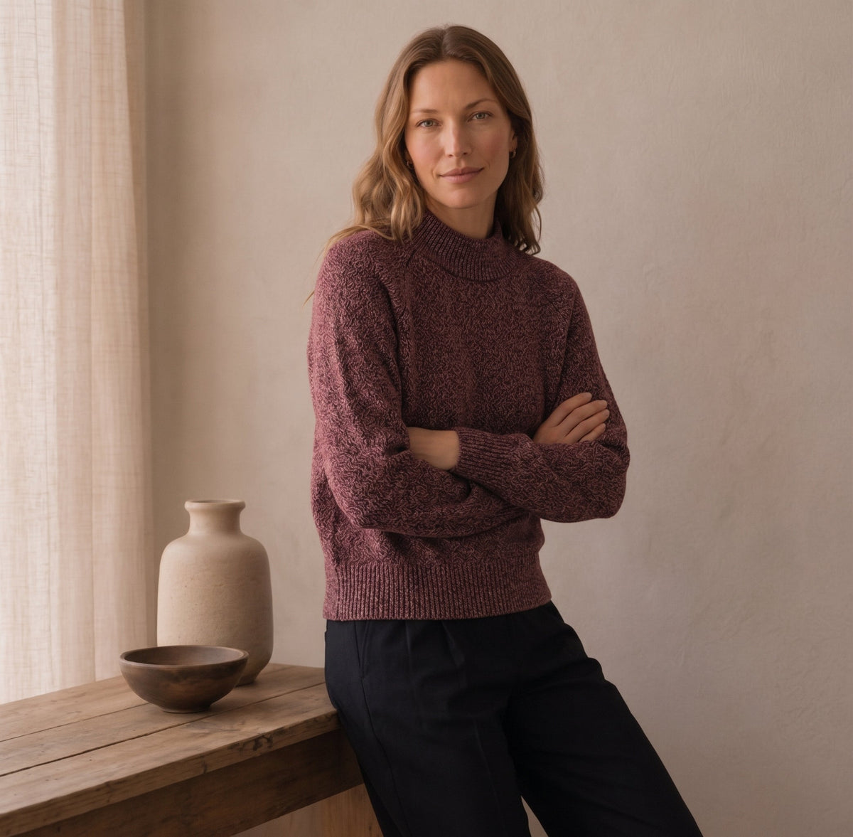 Blue and white cashmere crew neck jumper for women, shown on model
