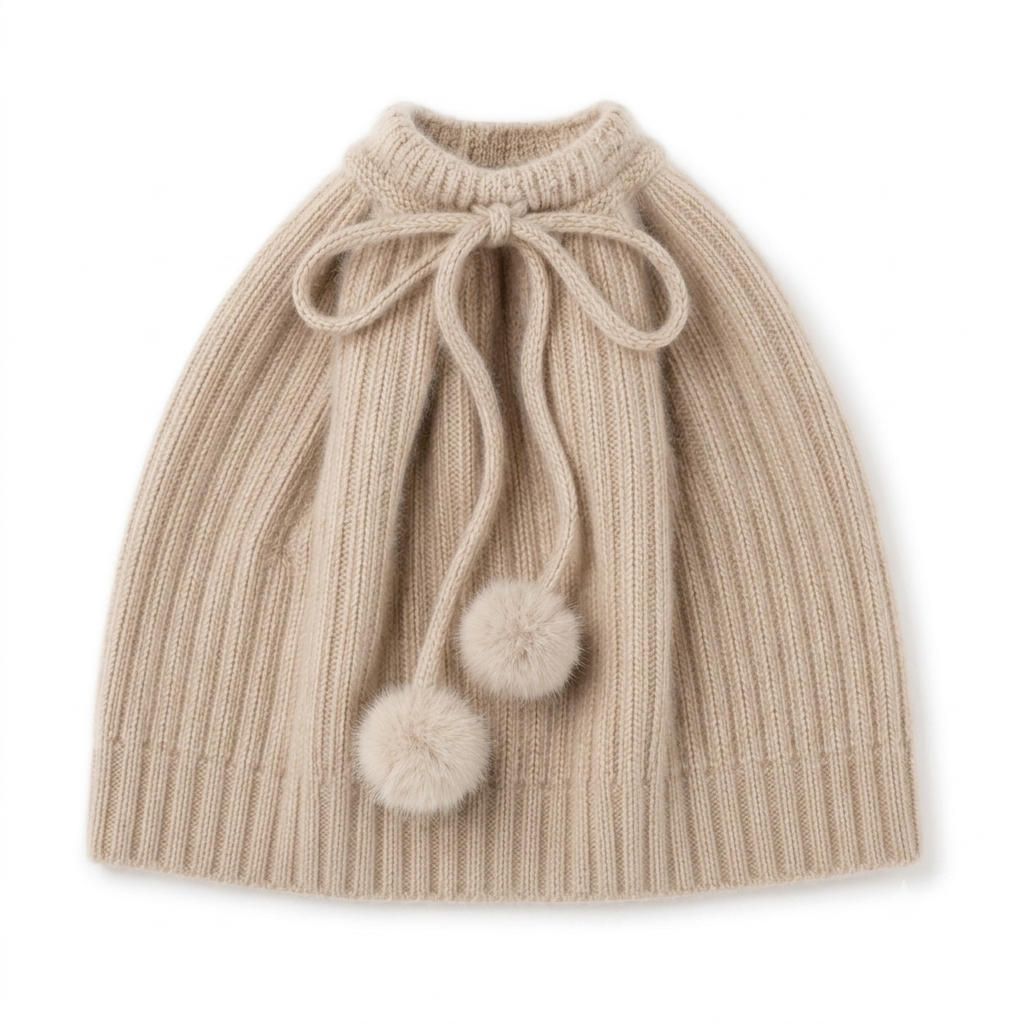 Beige knitted cashmere monkey cap with pom-pom ties