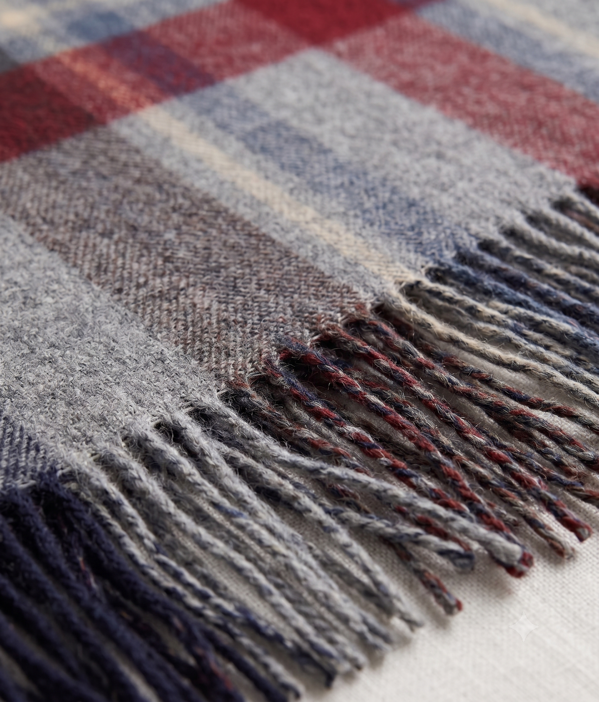 Grey and blue tartan cashmere blanket scarf shown draped