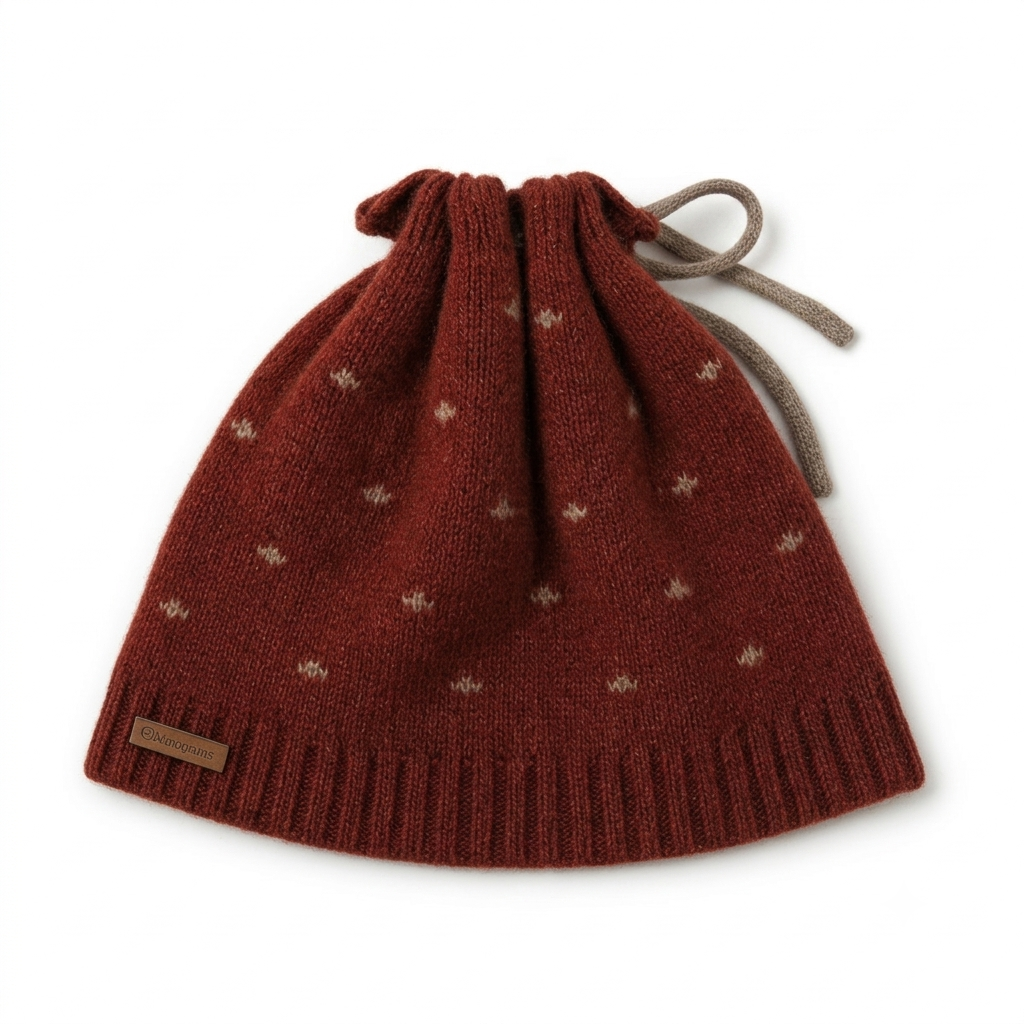 Burgundy knitted cashmere monkey cap with a polka dot texture