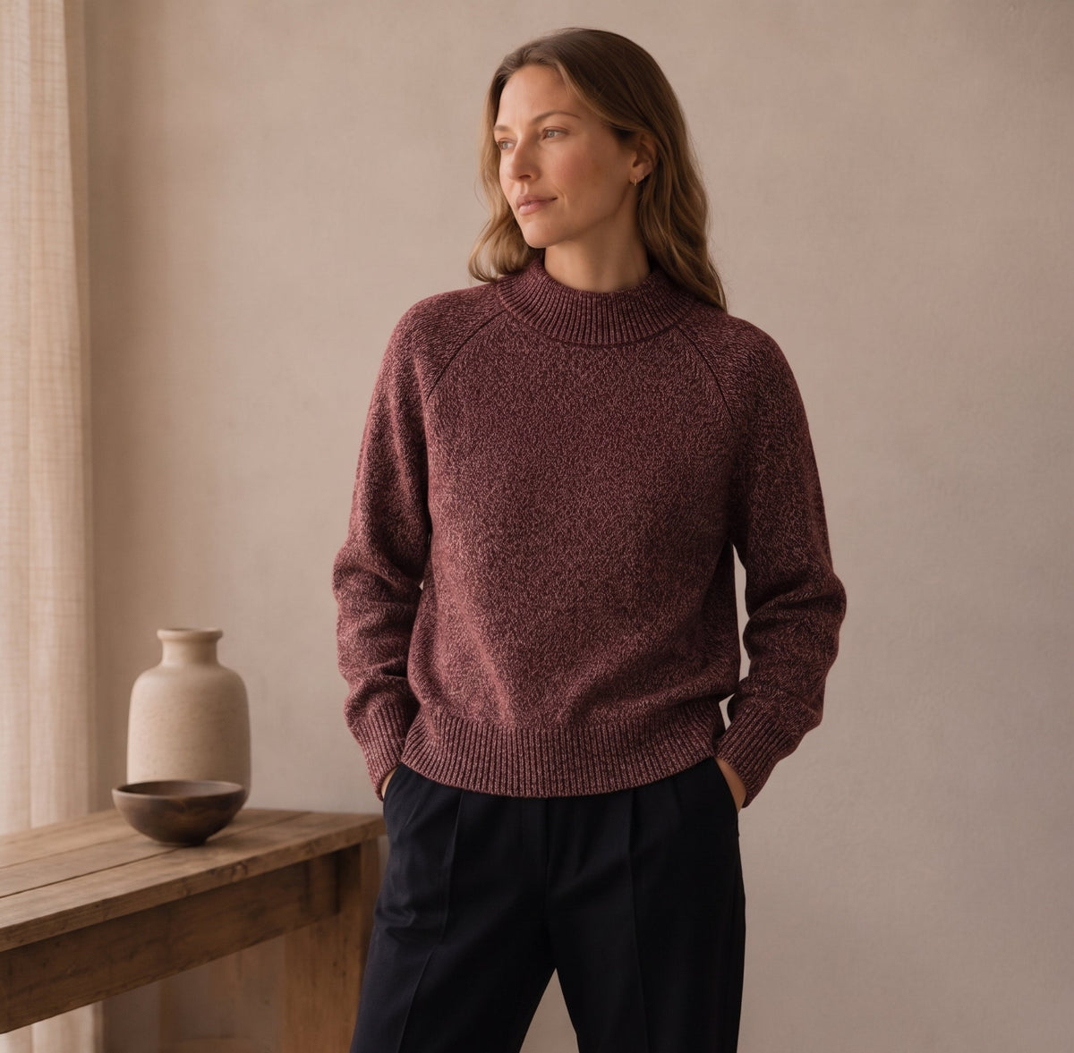 Red and white cashmere crew neck jumper shown from the side