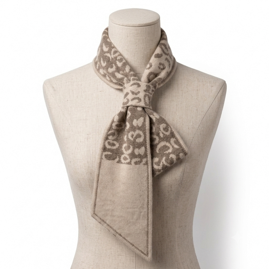 Small beige cashmere neck scarf tied in a knot, bandana style
