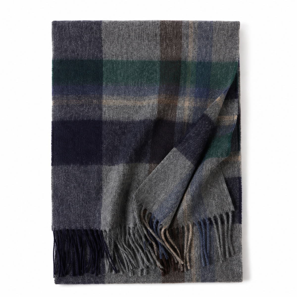 Dark green tartan cashmere blanket scarf shown folded