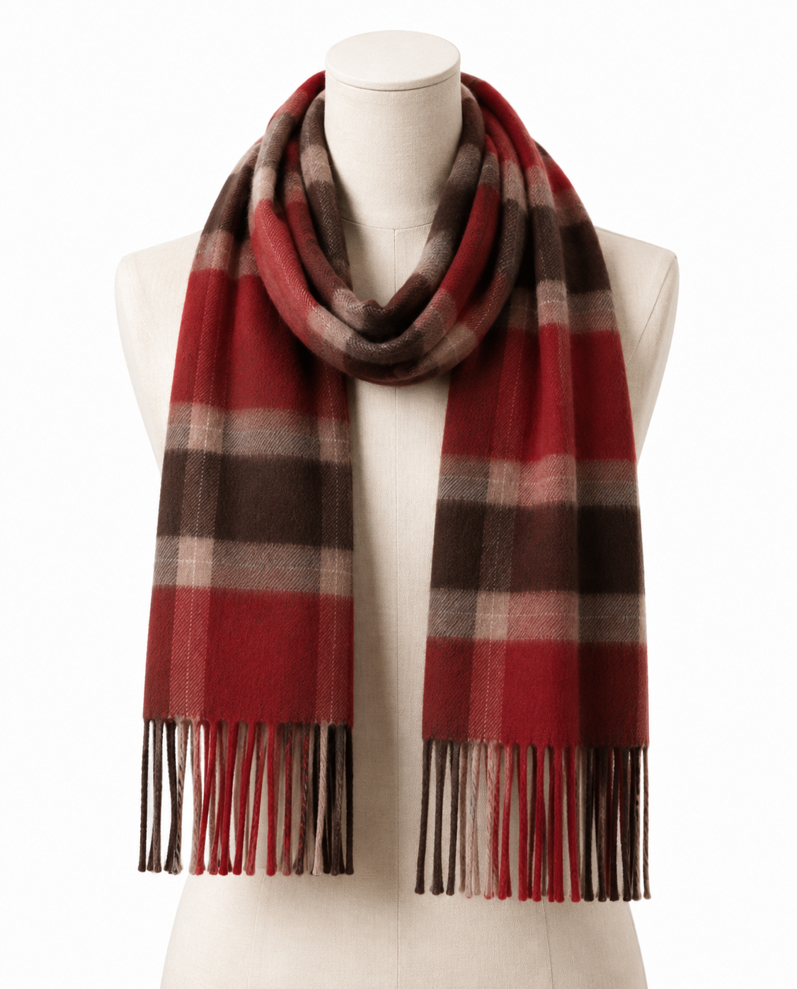 Charcoal and red tartan cashmere blanket scarf with fringed ends