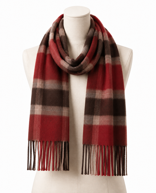 Charcoal and red tartan cashmere blanket scarf with fringed ends