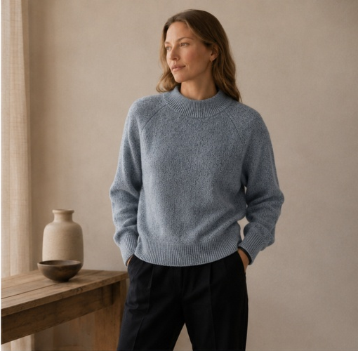 Red and white cashmere crew neck jumper for women, shown on model