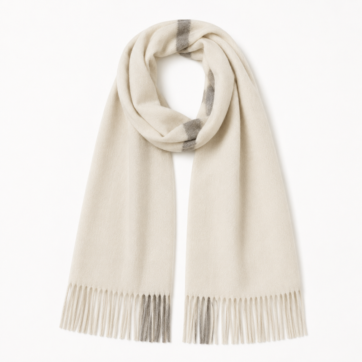 Cream cashmere wrap scarf in a plain weave with long fringed ends