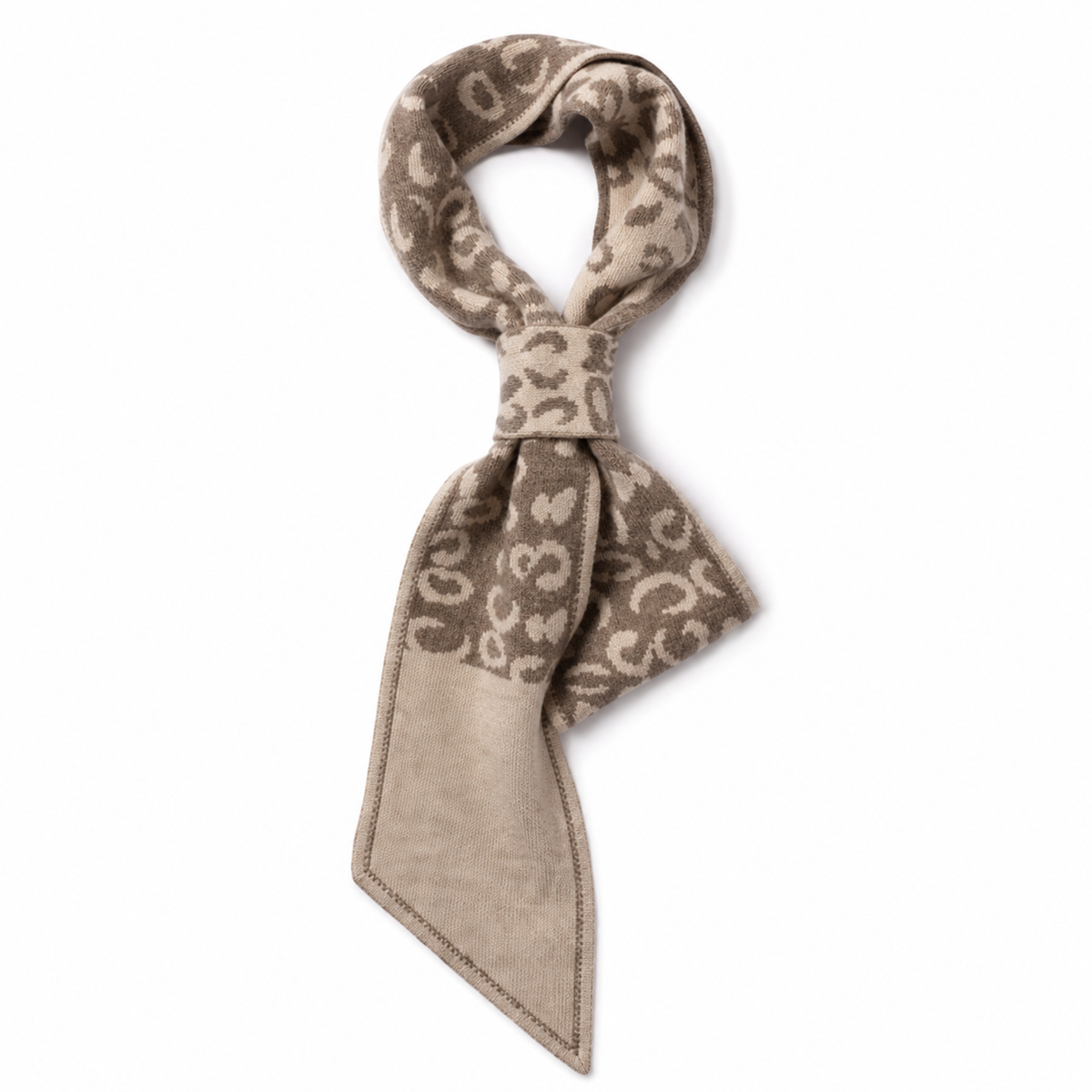 Beige cashmere neck scarf shown flat, showing the shape and edge finish