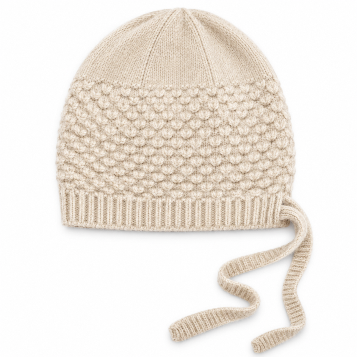 Cream ribbed cashmere bonnet hat with tie fastenings